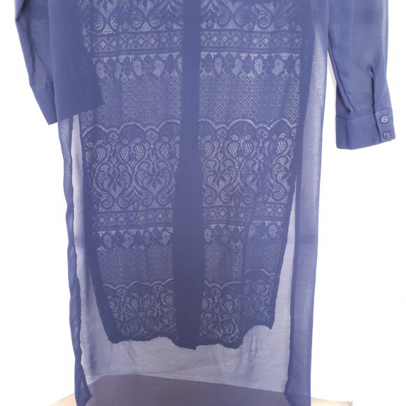 The Line of Style Navy Blue Mesh Lace Pattern Unique Design Long Blouse Size S - Picture 14 of 15